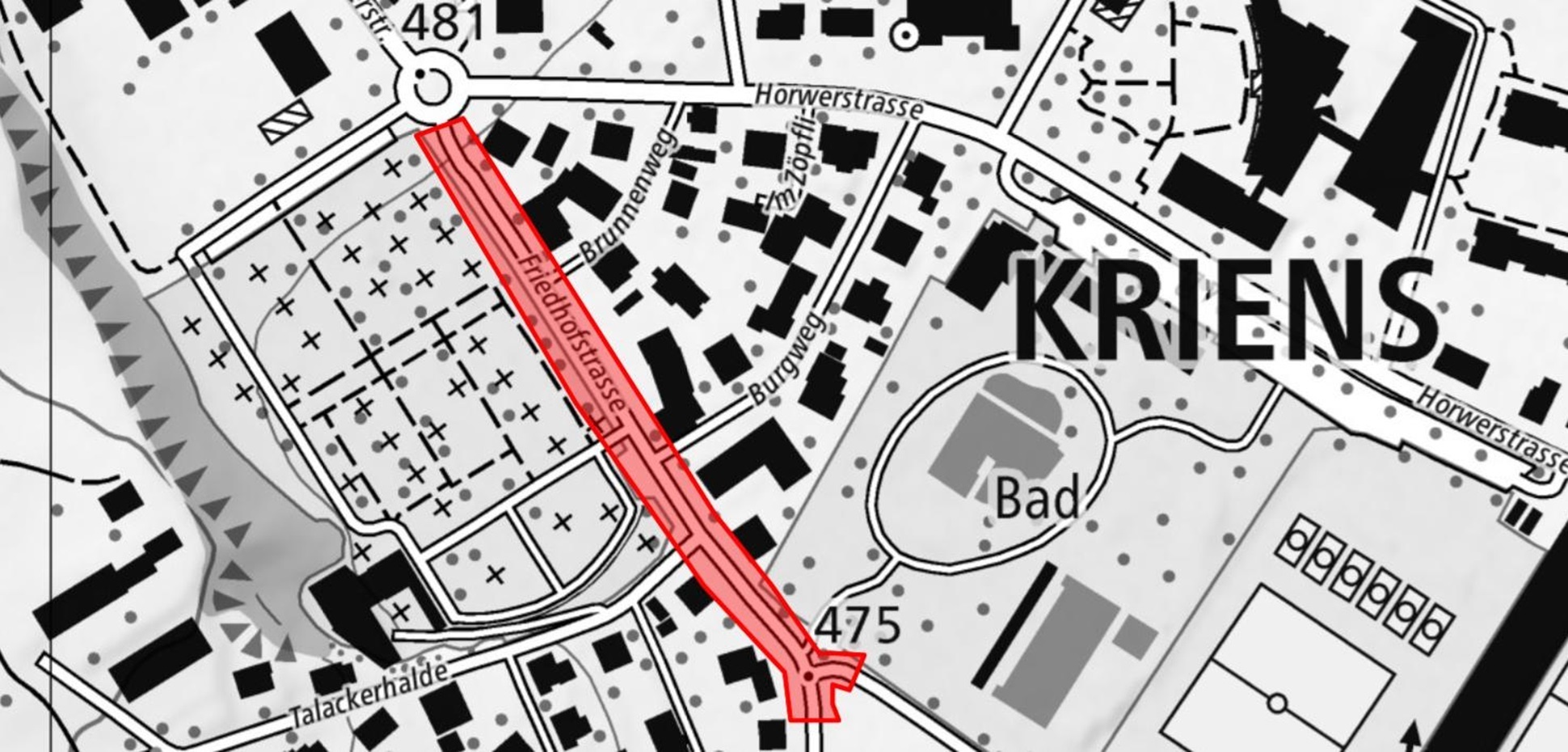 Situationsplan Sanierung BehiG Friedhofstrasse Neugestaltung Strassenraum